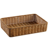Rectangular storage basket made from durable plastic rattan, ideal for organizing household essentials or use as a decorative gift basket.
